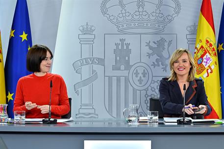 18/02/2025. Rueda de prensa tras el Consejo de Ministros. Diana Morant y Pilar Alegría durante la rueda de prensa tras el Consejo de Ministros.